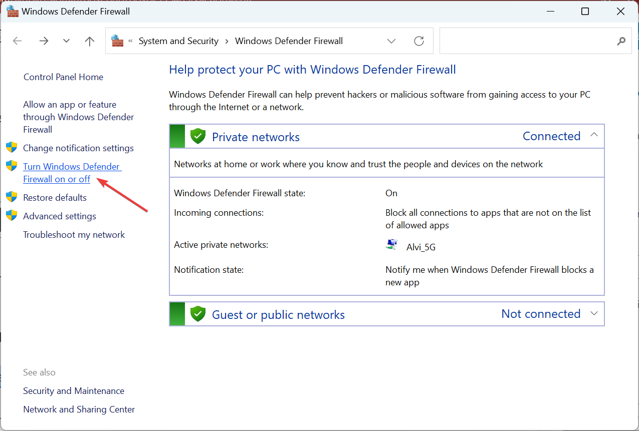 apague el firewall de Windows Defender para arreglar el iniciador de Minecraft sin conexión a Internet