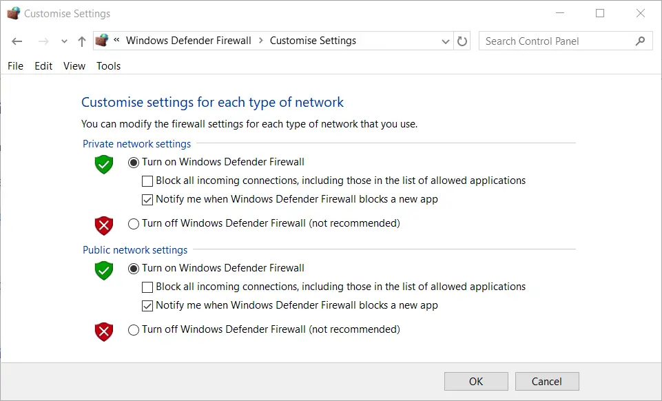 Desactivar la configuración del Firewall de Windows Defender Apex Legends no iniciará la PC