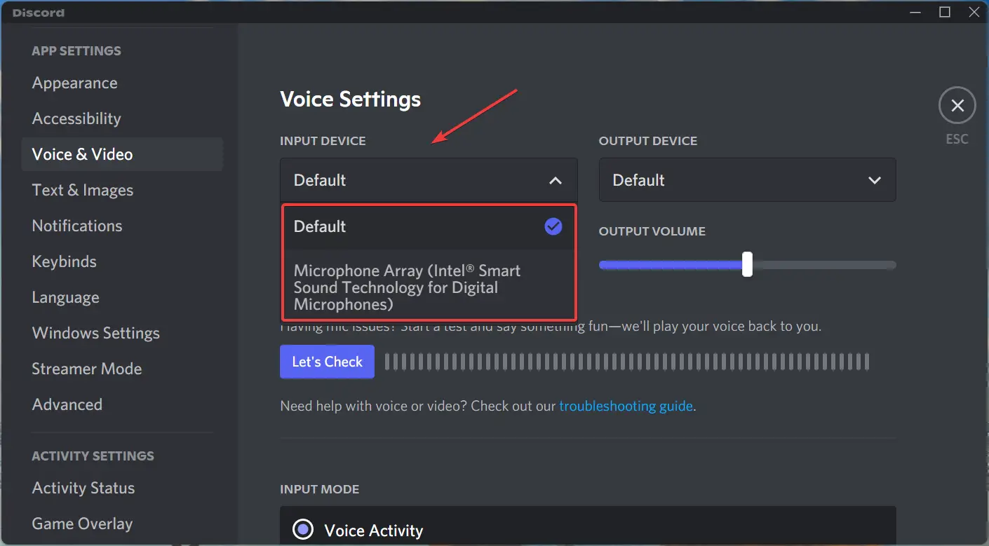 Cambie el dispositivo de entrada para reparar el micrófono discord que no funciona en Windows 11