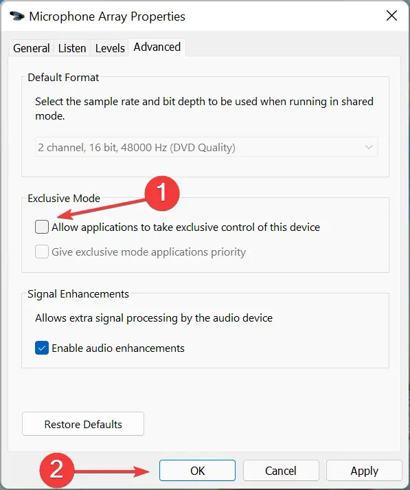 Deshabilite el modo exclusivo para reparar el micrófono de Discord que no funciona en Windows 11