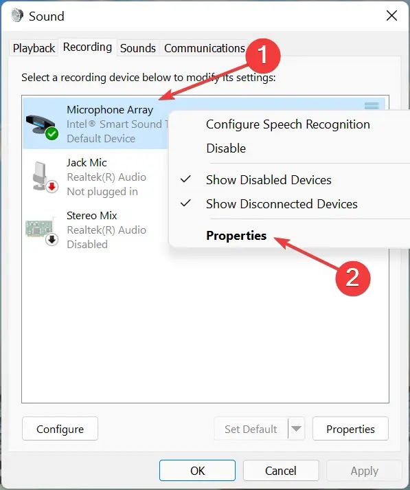 Propiedades del micrófono para reparar el micrófono discord que no funciona en Windows 11