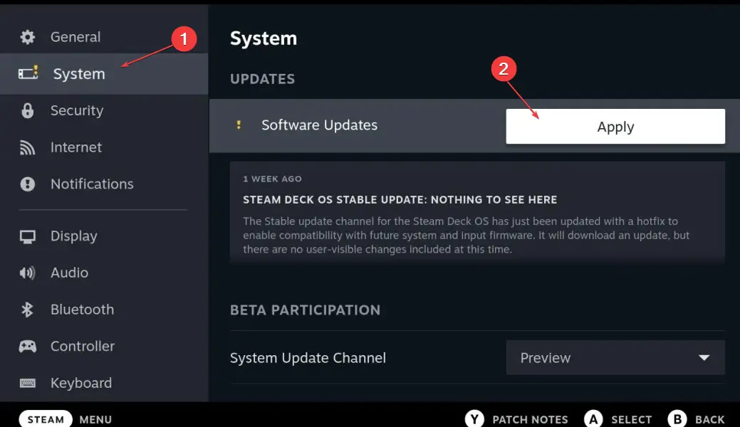 busque actualizaciones en Steam deck