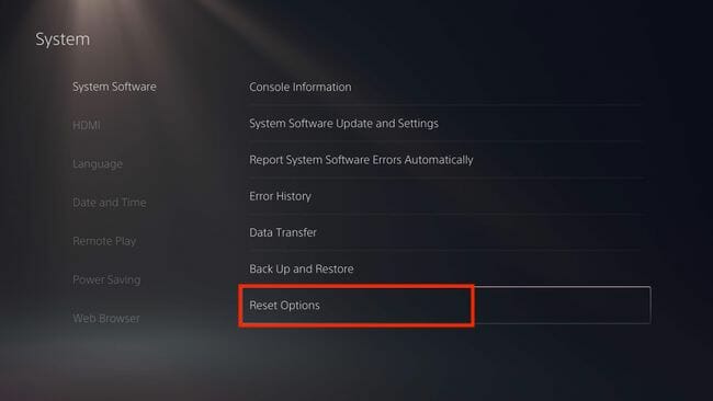 Selección de opciones de reinicio dentro de la página de configuración de PS5