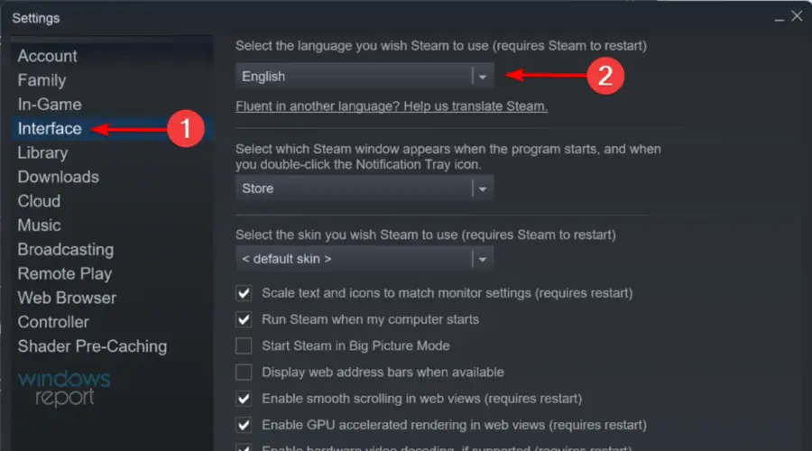 haz clic para cambiar el idioma de Steam