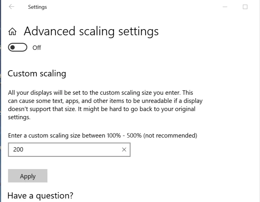Pantalla de escala personalizada de Windows 10