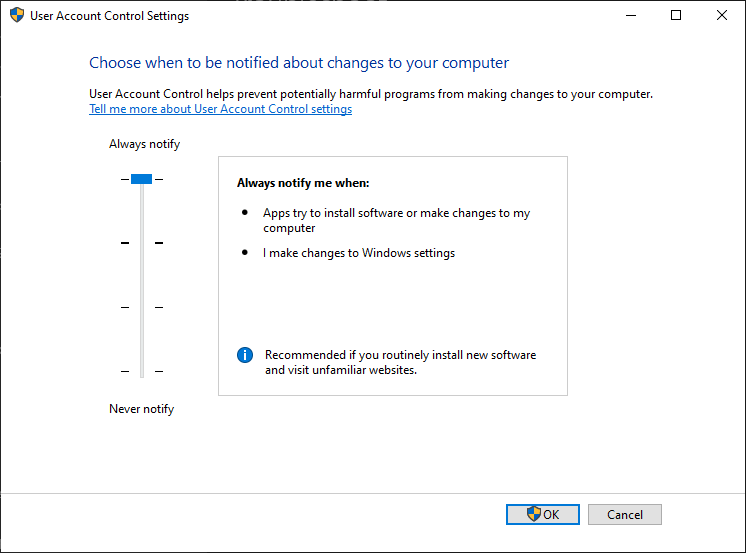 Configuración de control de cuentas de usuario de Windows 10