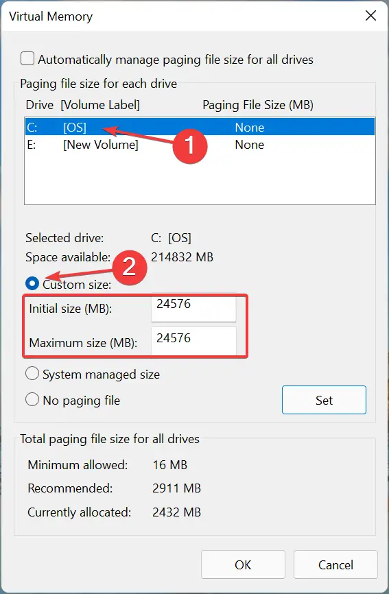 Ingrese valores para aumentar la memoria virtual en Windows 11