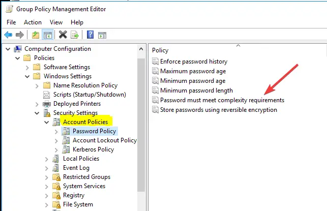 Requisitos de contraseña Eliminar requisitos de complejidad de contraseña en Windows