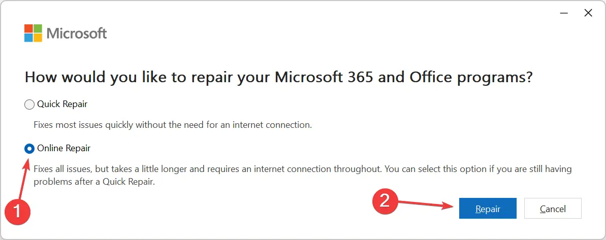 La reparación en línea para arreglar Microsoft 365 se configuró para evitar la adquisición individual de complementos de Office.