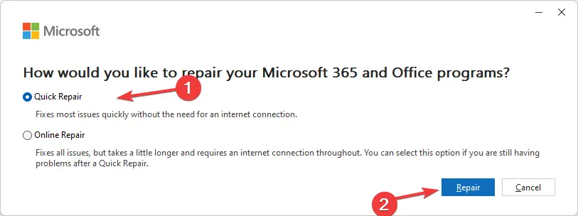 Reparación Microsoft 365