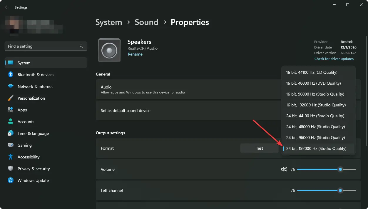 cambiar la configuración de Windows 11 de tasa de bits de formato de audio