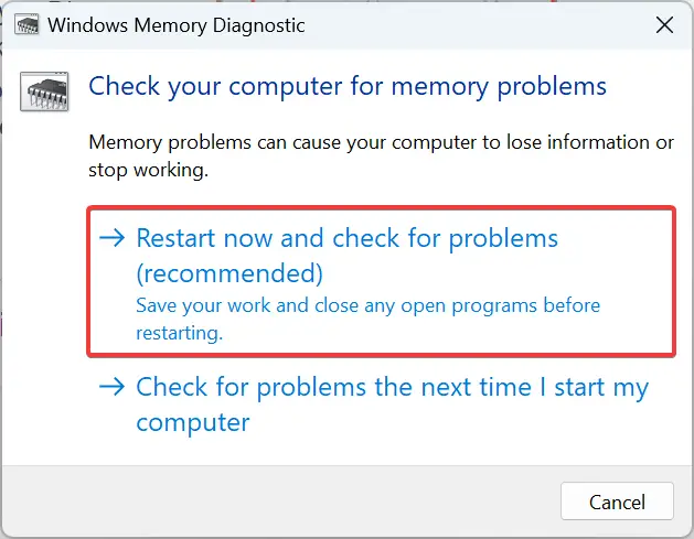 Diagnóstico de memoria de Windows para reparar la excepción del controlador de filtro de registro