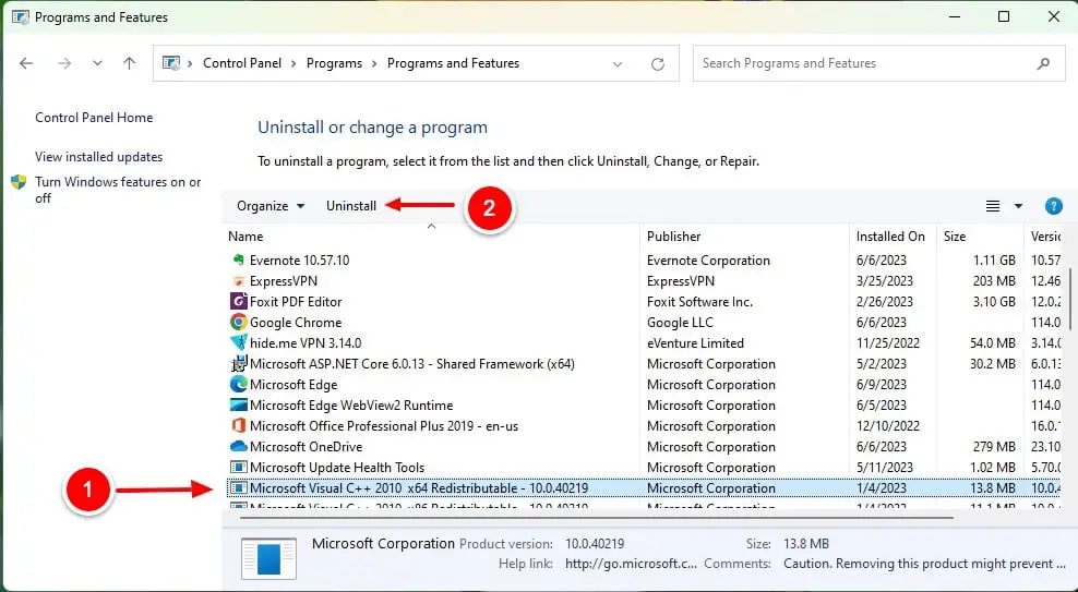Desinstalar el paquete redistribuible de Microsoft Visual C++