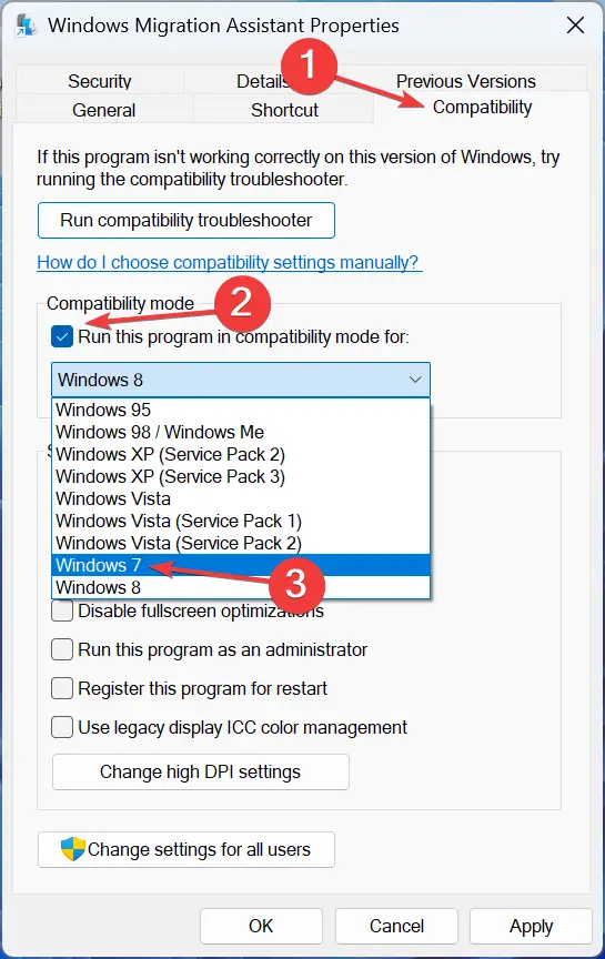 modo de compatibilidad para arreglar el asistente de migración de Windows que no funciona